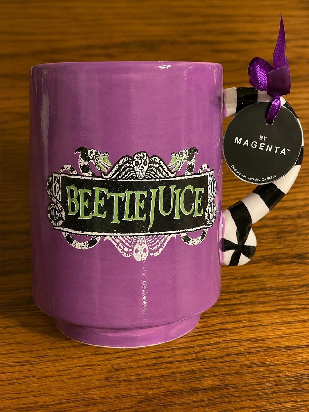 Magenta Beetlejuice Purple Ceramic Mug Black White Sandworm Handle NWT